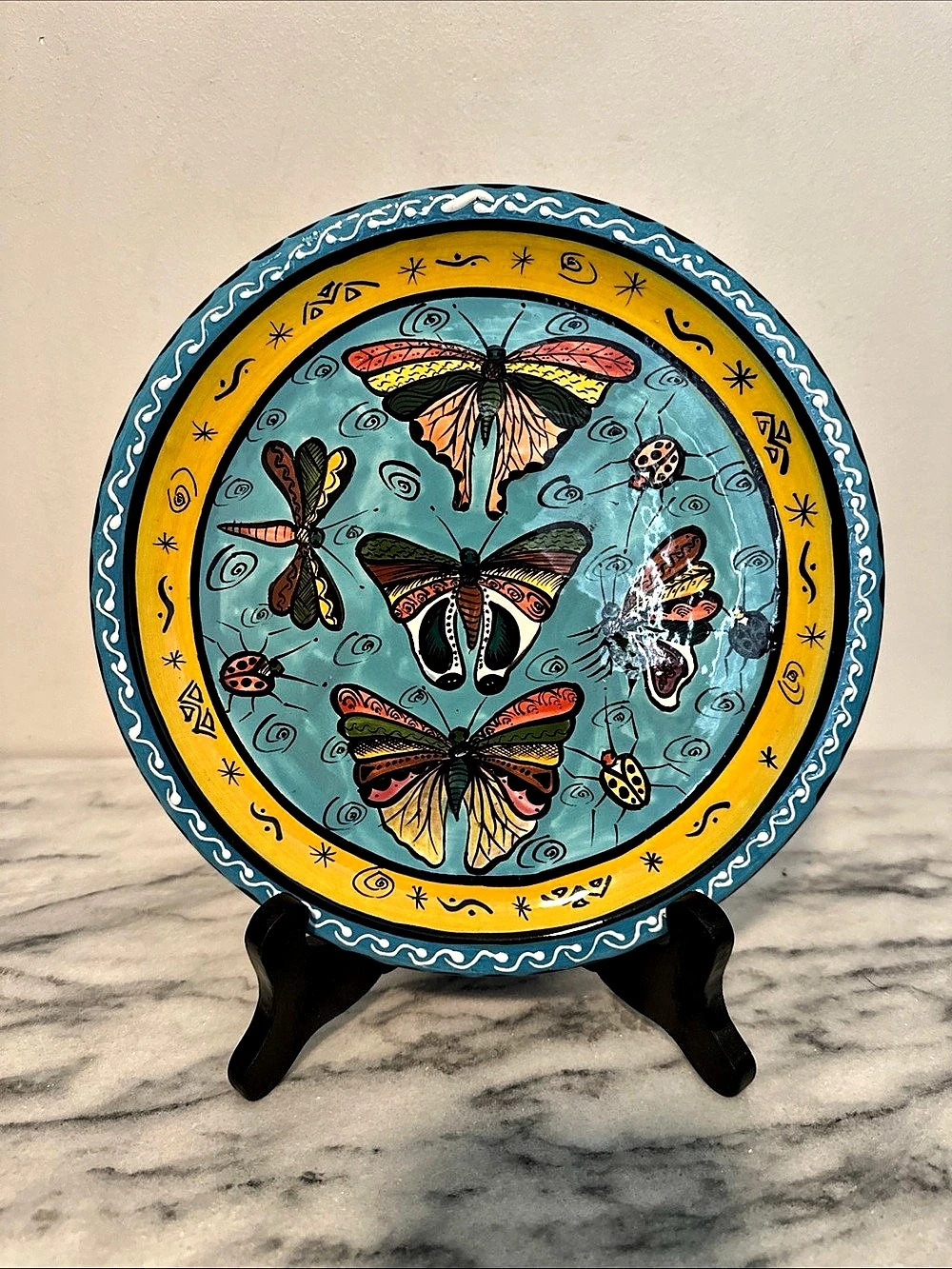 Penzo Zimbabwe Hand Painted Butterfly Plate by B. Lutepo Ceramic Plate Blue &